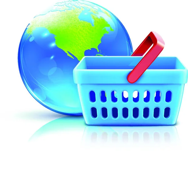 Vektor Illustration Des Globalen Einkaufskonzepts Mit Supermarktkorb Und Cooler Hochglanzkugel — Stockvektor