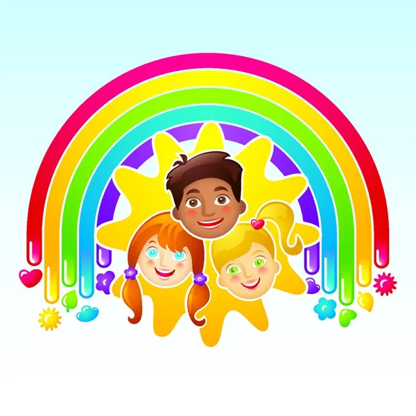 三个快乐的孩子在彩虹和阳光下 — 图库矢量图片