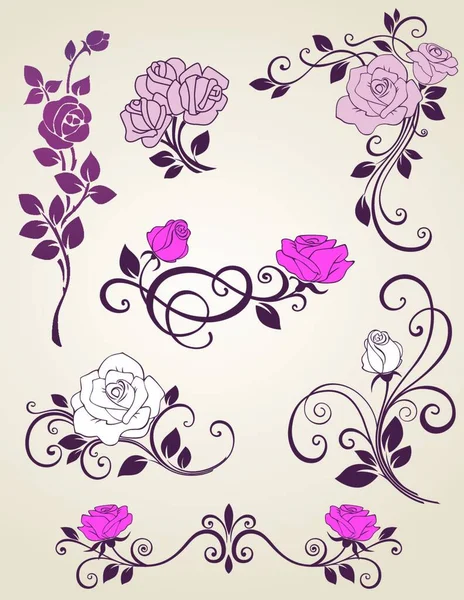 Elementos Vectoriales Decorativos Con Rosas Para Diseño — Archivo Imágenes Vectoriales