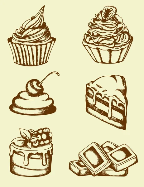 Set Vintage Hand Drawn Cakes Chocolate — Wektor stockowy