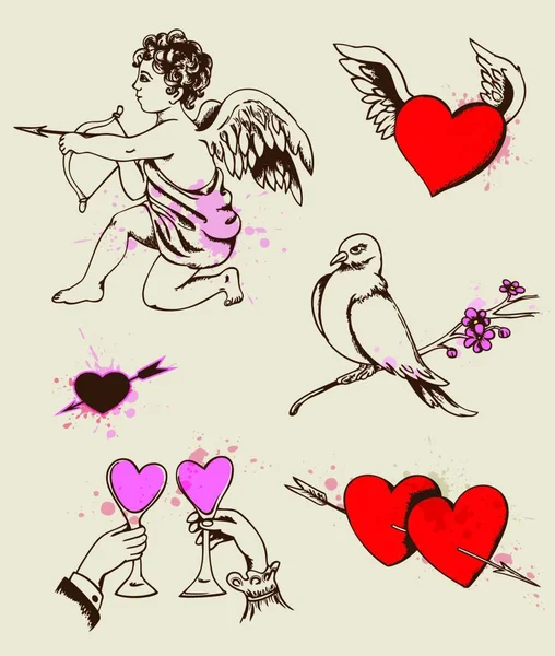 Vector Vintage Dibujado Mano Elementos Diseño San Valentín — Vector de stock