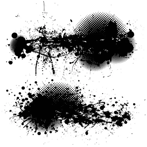 Δύο Black Ink Splats Halftone Dots Και Λευκό Φόντο — Διανυσματικό Αρχείο