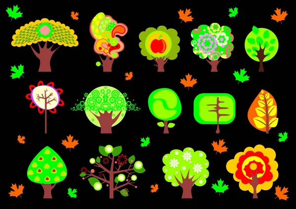 Set Different Stylised Trees Black Background — Stock Vector