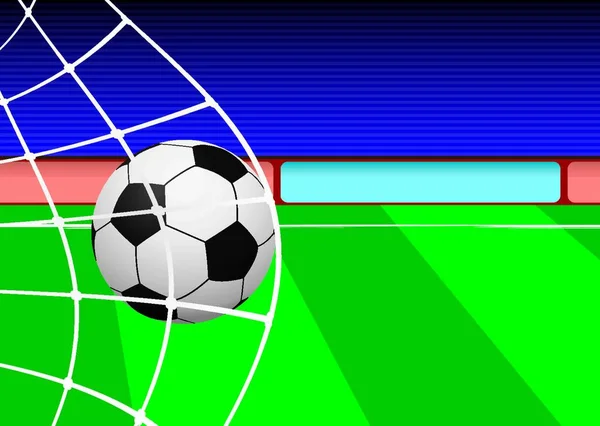 Voetbalveld Met Bal Net Groen Streepgras — Stockvector