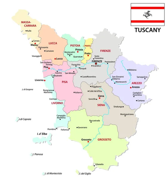 フラッグ付きトスカーナ行政と政治地図 — ストックベクタ