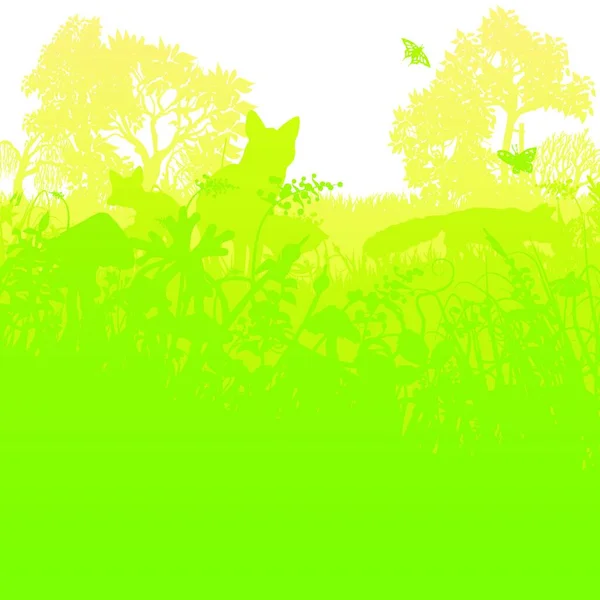 Tres Zorros Jardín Sobre Una Pradera Verde — Vector de stock