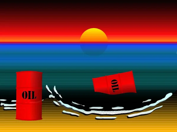 Пляж Закатом Нефтяными Скважинами Бочками — стоковый вектор