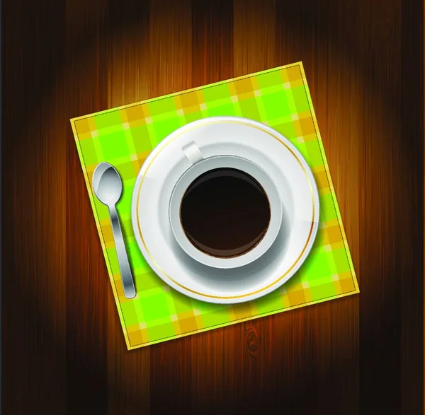 Taza Café Cuchara Servilleta Sobre Fondo Madera — Vector de stock