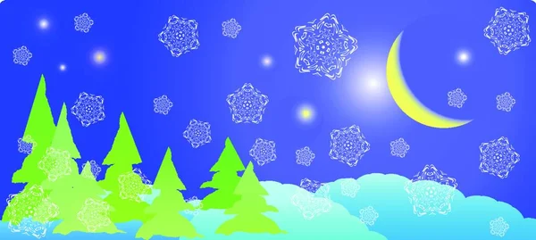 Winter Postcard Xmas Night White Snowflakes Old Moon — Stock Vector