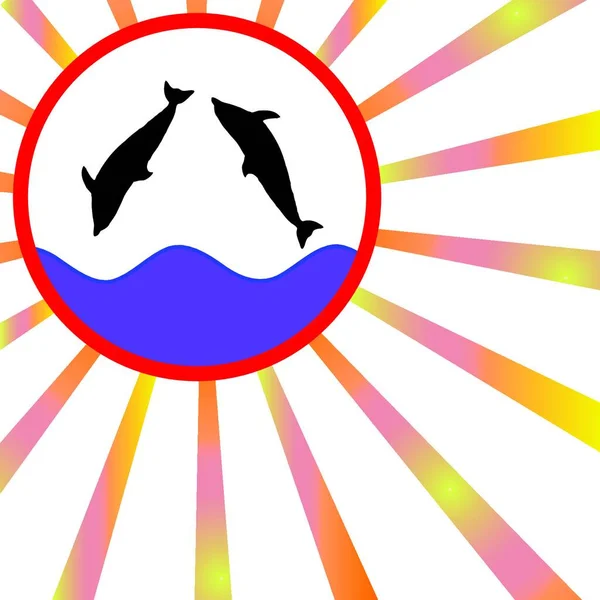 Silueta Dos Delfines Saltantes Contra Coloridos Rayos Radiales Fondo — Vector de stock