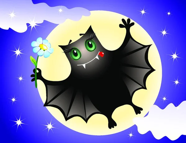 Bonito Morcego Com Uma Flor Azul Céu Noturno —  Vetores de Stock