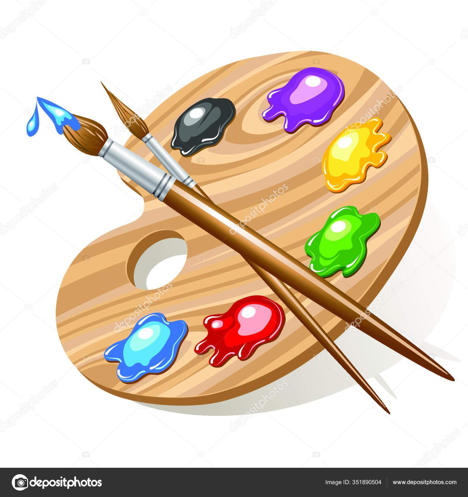 Wooden Art Palette Paints Brushes Stock Vector by