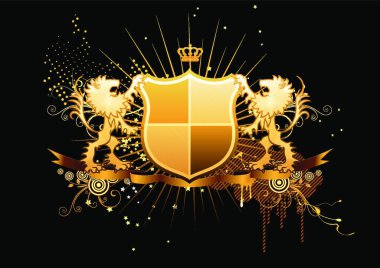 Vector illustration of golden heraldic shield or badge with banner and two lions clipart