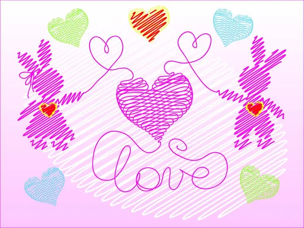 Carte Saint Valentin Avec Broderie Lapins Coeurs — Image vectorielle