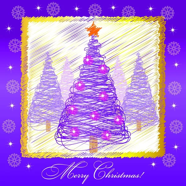 Weihnachtskarte Illustration Mit Violettem Weihnachtsbaum — Stockvektor