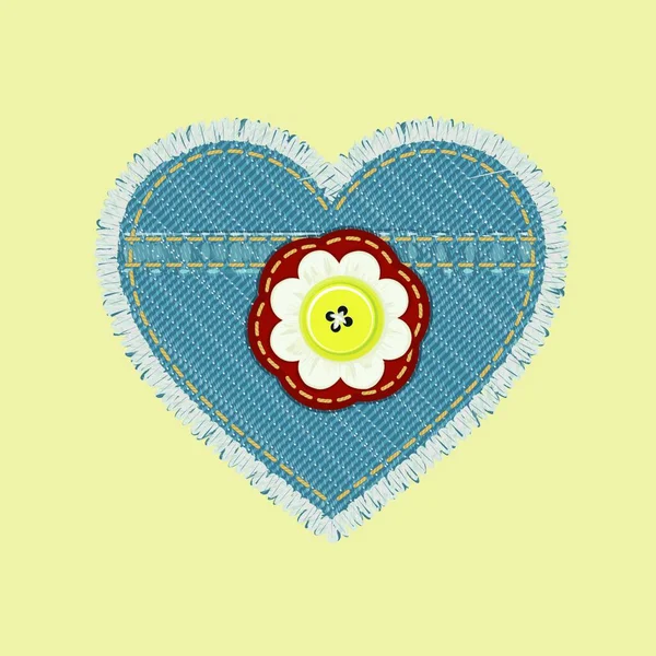 Jeans Emblem Herzform Mit Blume Und Knopf Vektorillustration — Stockvektor