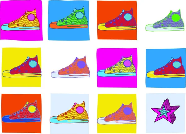 Patrón Hecho Zapatos Deportivos Frescos Dibujados Mano Diferentes Colores Ilustración — Vector de stock