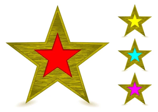 Colección Premios Estrellas Oro Metal Cepillado Con Centros Color — Vector de stock