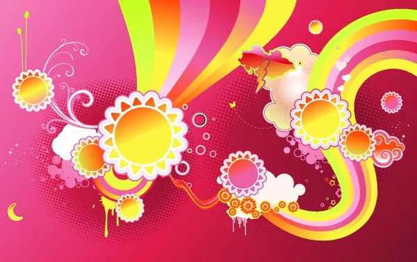 Vector Illustration Funky Styled Design Background Made Sun Shapes Rainbow — Stock Vector