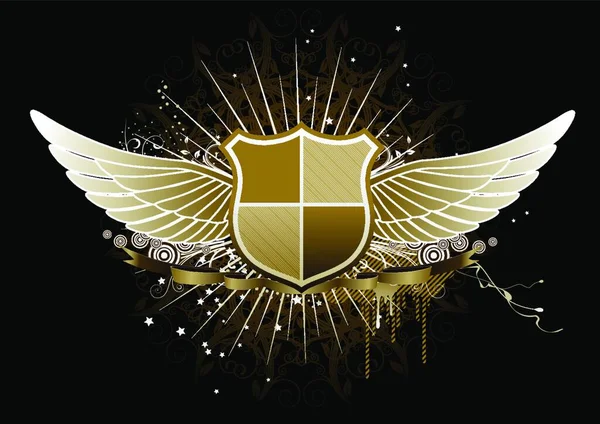 黄金の翼の紋章入りの盾またはバナー テキストを配置するために完全でバッジのベクトル イラスト — ストックベクタ