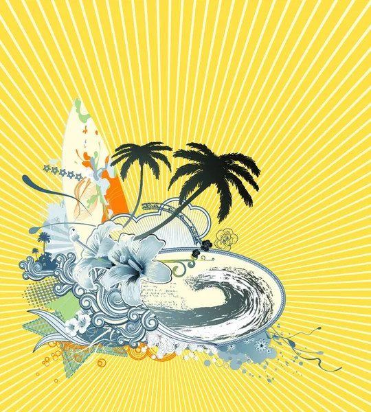 Векторная Иллюстрация Летней Композиции Surf Board Big Wave Hibiscus Palm — стоковый вектор