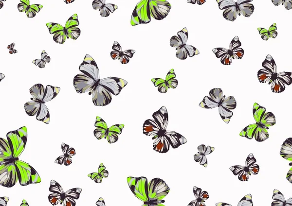 Векторна Ілюстрація Багатьох Фанк Метеликів Різних Кольорів Літають Навколо Безшовний — стоковий вектор
