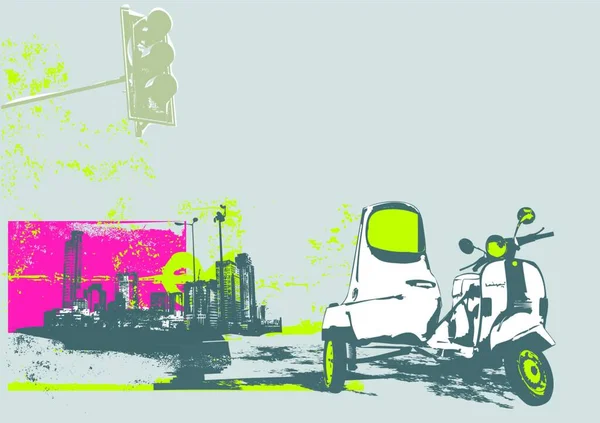 Motocyclette Vectorielle Grunge Avec Une Ville Arrière Plan — Image vectorielle
