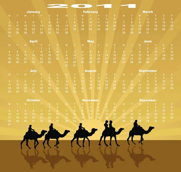 Calendario Europeo 2011 Partir Del Lunes Caravana Camellos Desiertos Vector — Archivo Imágenes Vectoriales