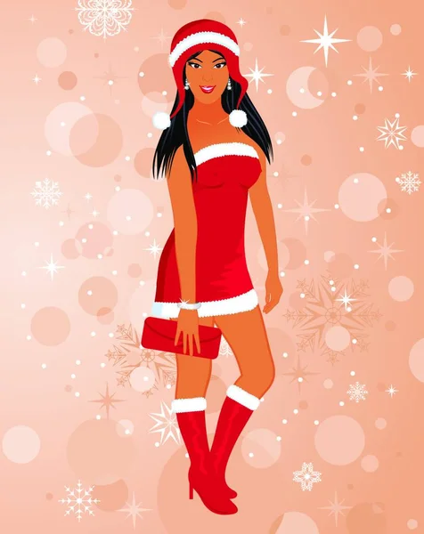 Illustrazione Moda Natale Ragazza Abito Babbo Natale Vettore — Vettoriale Stock