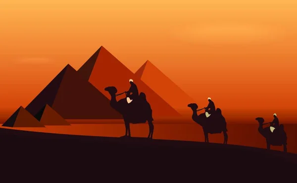 Camellos Caravanos Entre Desierto Pirámides Vector — Vector de stock