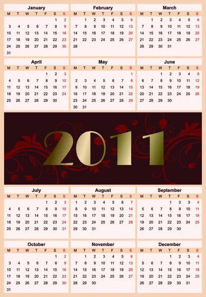 Ilustração Calendário Floral Europeu 2011 Partir Mondays Vector — Vetor de Stock