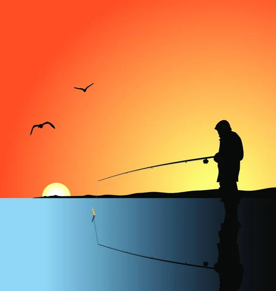 Reális Illusztráció Horgászat Tavon Hajnalban Vektor — Stock Vector