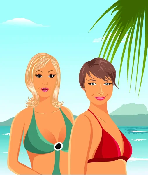 Εικονογράφηση Δύο Κορίτσια Στην Παραλία Διάνυσμα — Διανυσματικό Αρχείο
