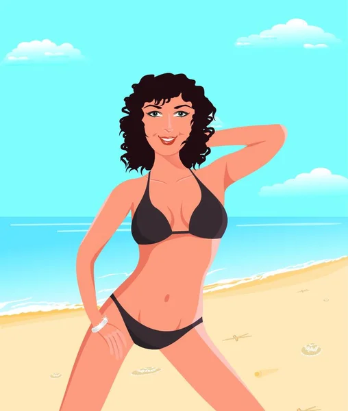 Ilustración Chica Bastante Bronceada Playa Vector — Archivo Imágenes Vectoriales