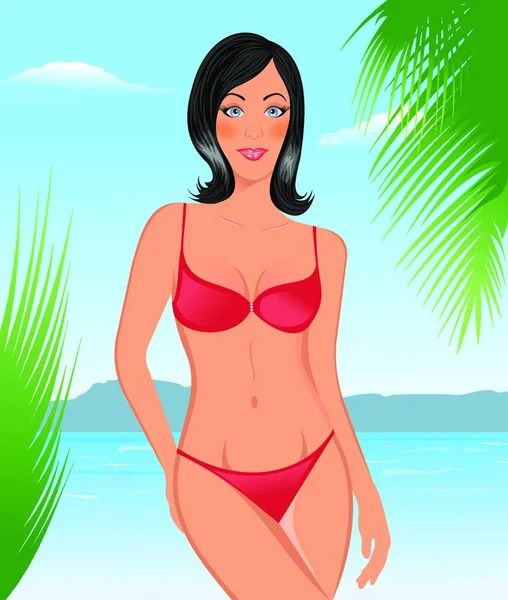 Illustrazione Bikini Ragazza Sulla Spiaggia Vettore — Vettoriale Stock