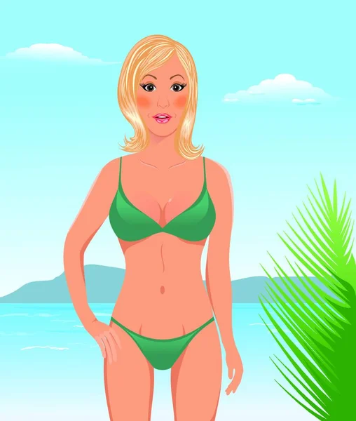 Illustration Jolie Fille Blonde Sur Plage Vecteur — Image vectorielle