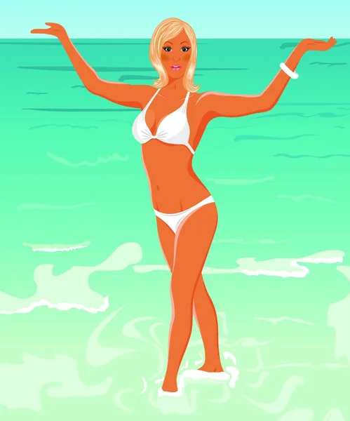 Εικονογράφηση Όμορφη Ξανθιά Κοπέλα Στην Παραλία Διάνυσμα — Διανυσματικό Αρχείο