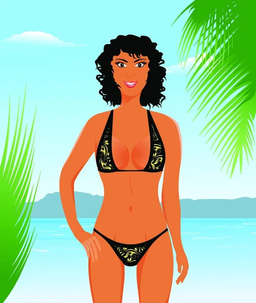 Ilustración Chica Bastante Bronceada Playa Vector — Archivo Imágenes Vectoriales
