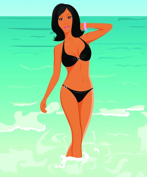 Ilustração Menina Muito Bronzeada Praia Vetor — Vetor de Stock