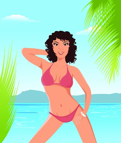 Illustration Jolie Fille Brune Sur Plage Vecteur — Image vectorielle