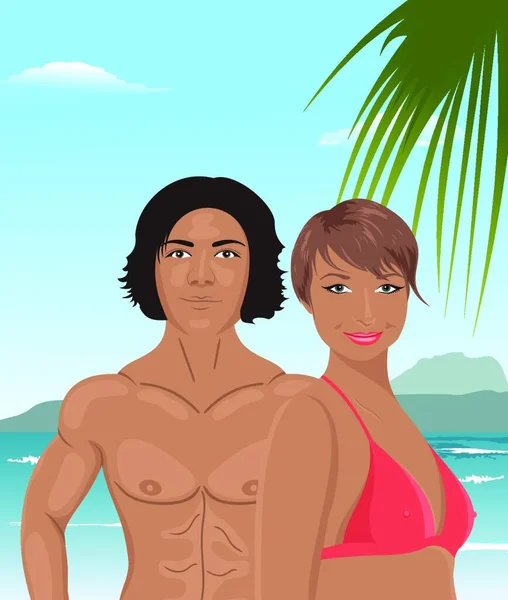 Illustration Sexy Mädchen Und Mann Strand Vektor — Stockvektor