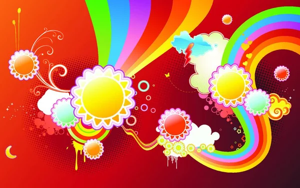 Vector Illustration Funky Styled Design Background Made Sun Shapes Rainbow — Stock Vector