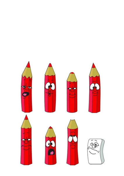 Vector Cartoon Emotionele Rode Potloden Set Kleur — Stockvector