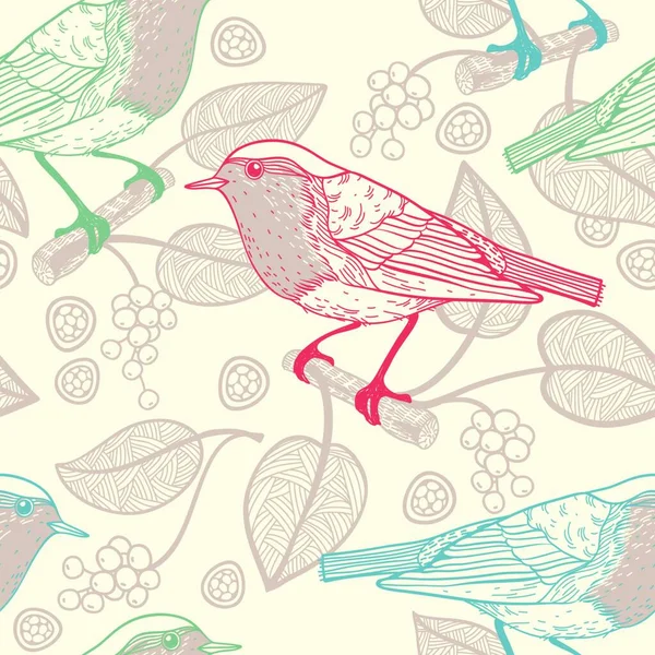 Motif Sans Couture Vectoriel Avec Des Oiseaux Des Baies — Image vectorielle