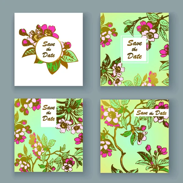 Botanical Boda Invitación Tarjeta Plantilla Diseño Dibujado Mano Flores Sakura — Vector de stock