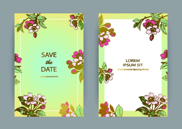 Botanical Boda Invitación Tarjeta Plantilla Diseño Dibujado Mano Flores Sakura — Vector de stock