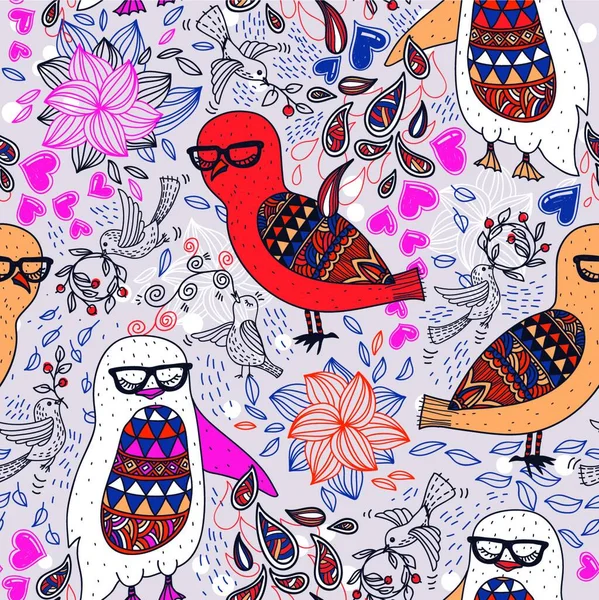Vector Floral Seamless Pattern Colorful Fantasy Birds — Stock Vector