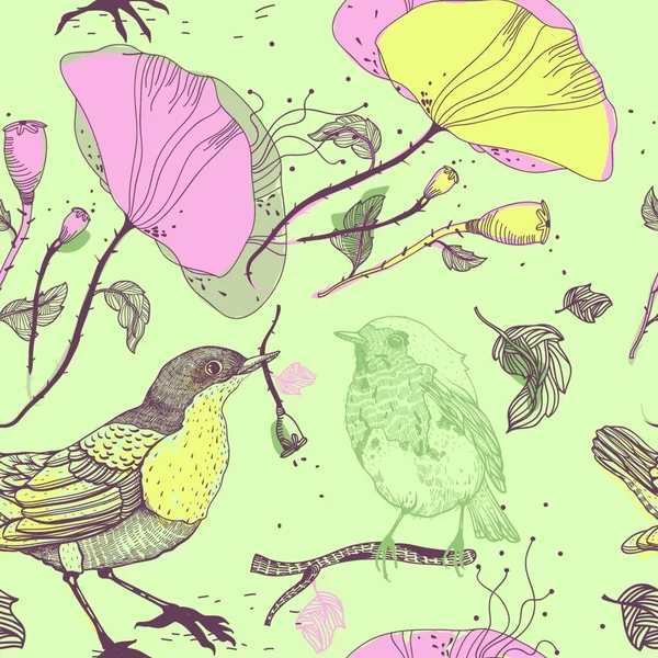鳥やケシとのシームレスなパターン — ストックベクタ