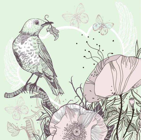 Illustration Vectorielle Oiseau Forestier Coquelicots Fleurs — Image vectorielle