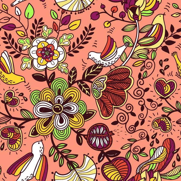 Vector Floral Seamless Pattern Pretty Birds Flowers — Stock Vector